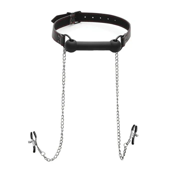 Silicone Bit Gag With Nipple Clamps XR Brands Strict Female Sex Toys