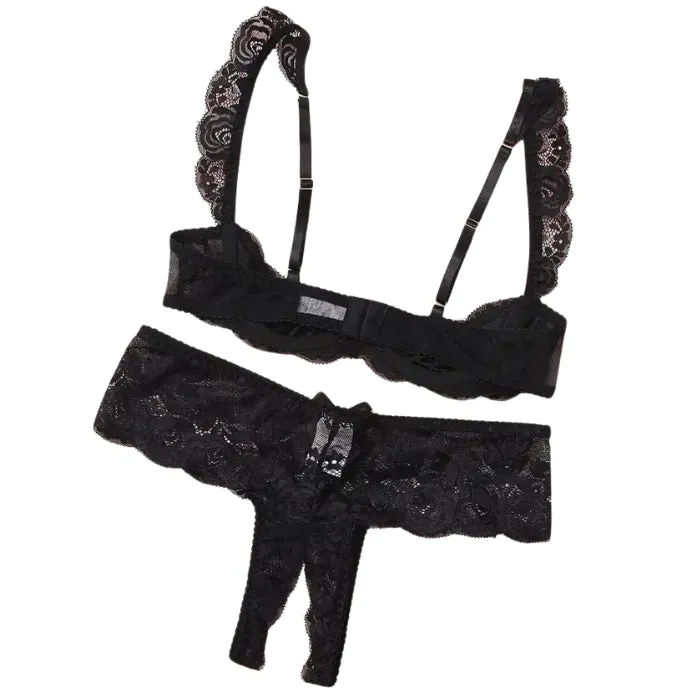 REG Anal Shelf Bra and Crotchless Panty Set Black
