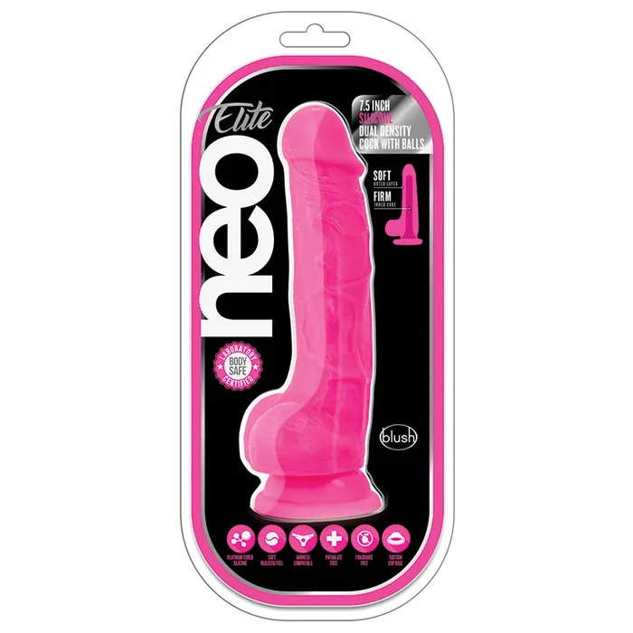 Blush Female Sex Toys Neo Elite Silicone Dual Density Cock with BallsNeon Pink 75