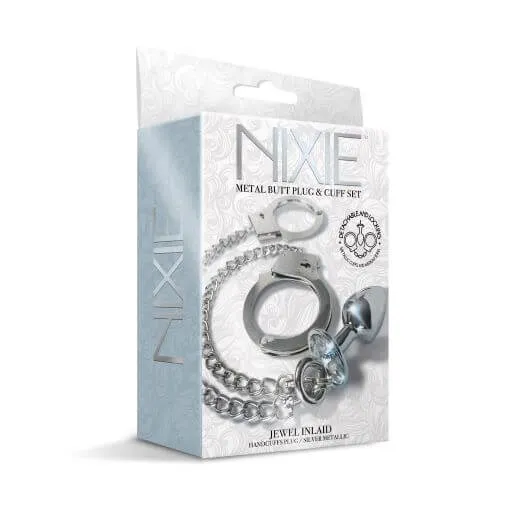 Global Novelties Anal Nixie Metal Plug Cuff Set in Silver JewelInlaid for Sensual Play